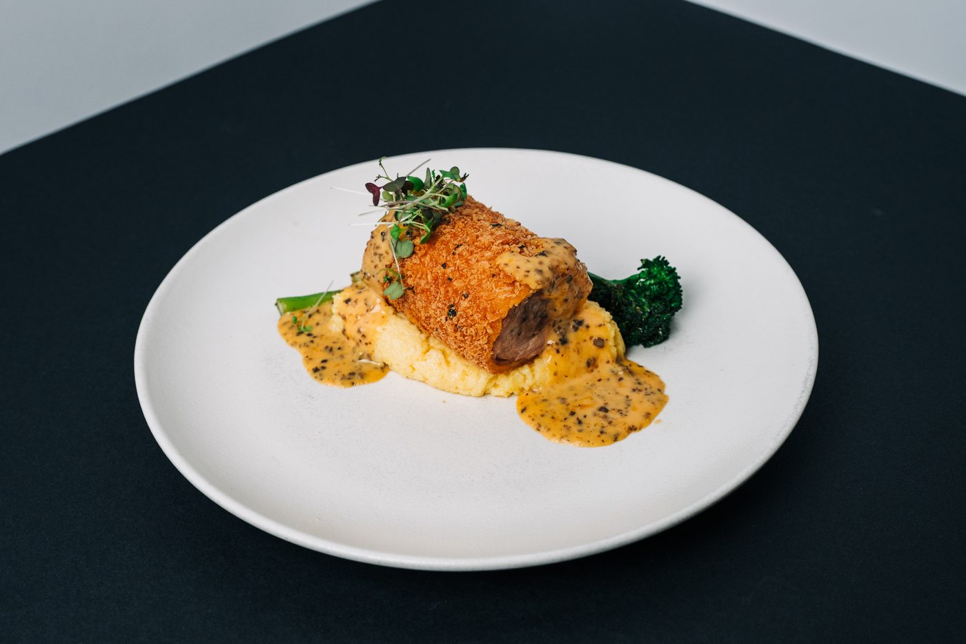 Fine dining wedding banquet cuisine plated at 1-Alfaro rooftop restaurant wedding venue